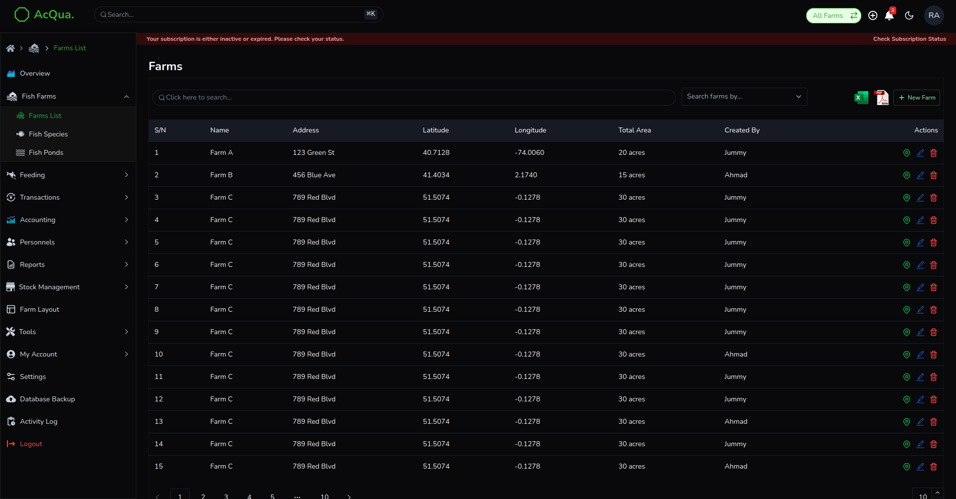 Acqua farms list page